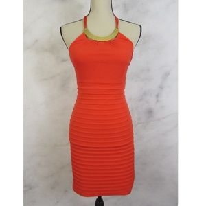 Sexy Hot Orange Red & Gold Pleated Maxi Club Dress